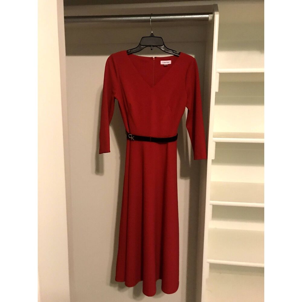 Classic Calvin Klein Red Long Sleeve Belted Midi Dress - Size 6